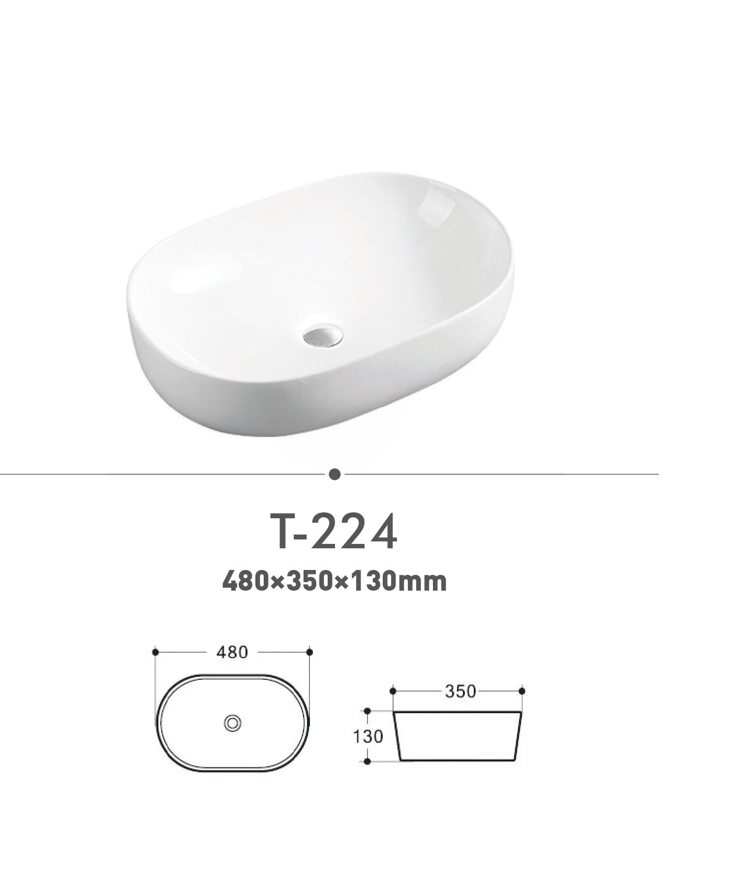 Oval white sink T-224 with dimensions 480x350x130mm.