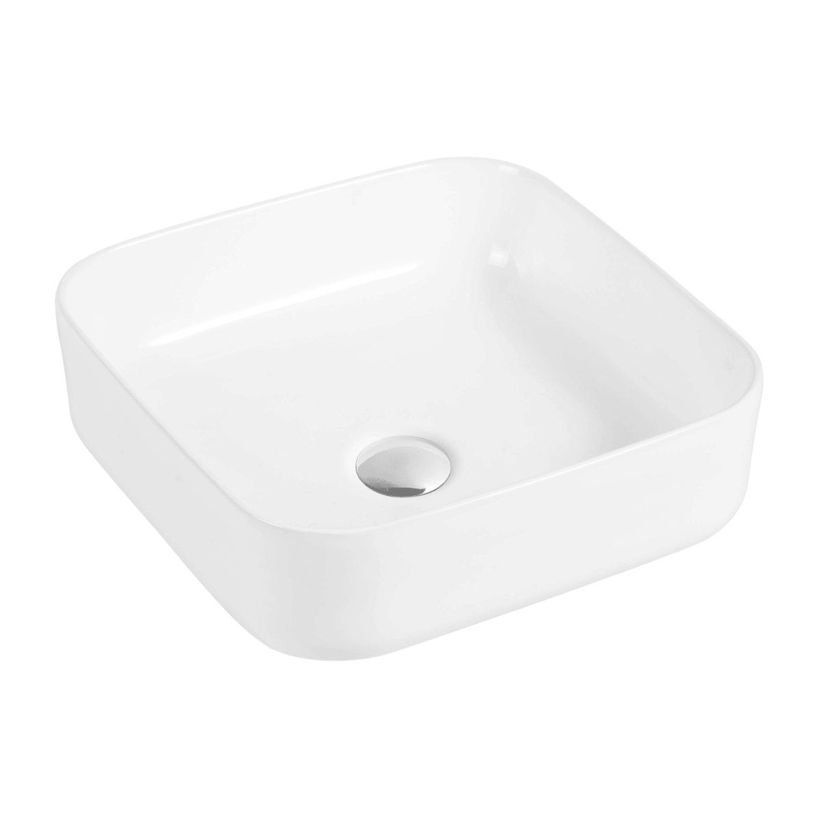 Square white ceramic basin with a central drain.