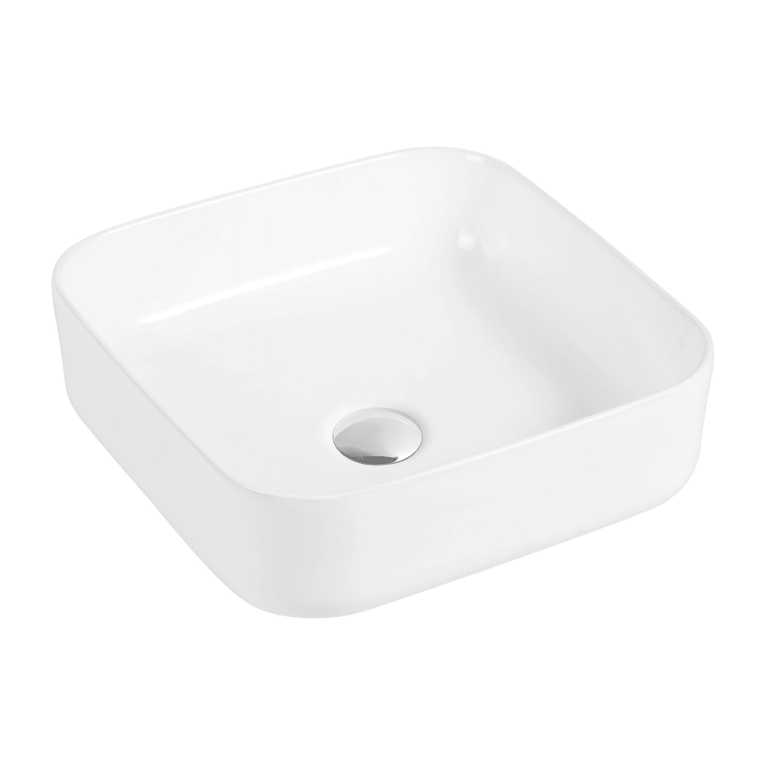 Square white ceramic basin with a central drain.
