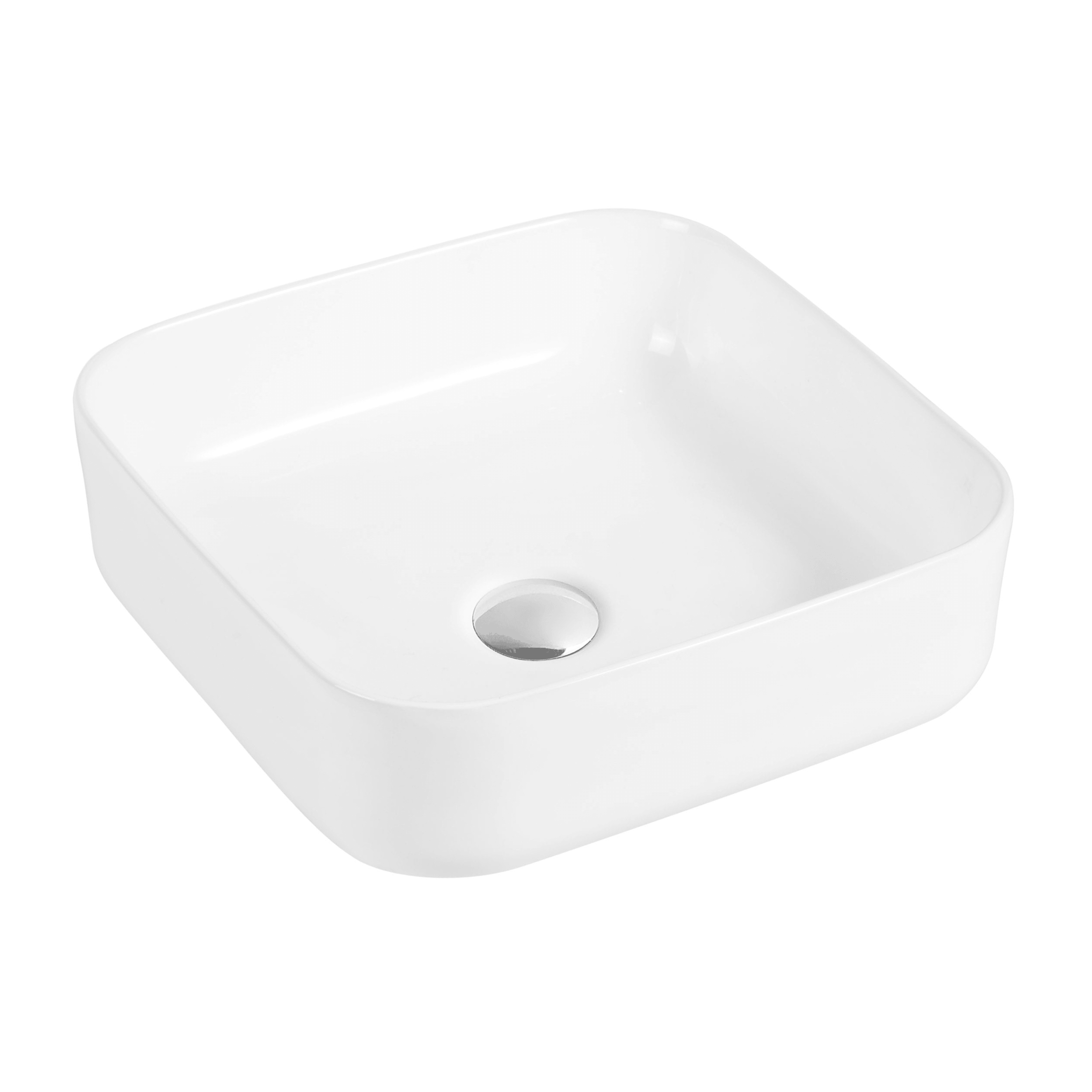 Square white ceramic basin with a central drain.