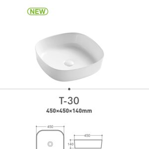 Square white sink, model T-30, dimensions 450x450x140mm.