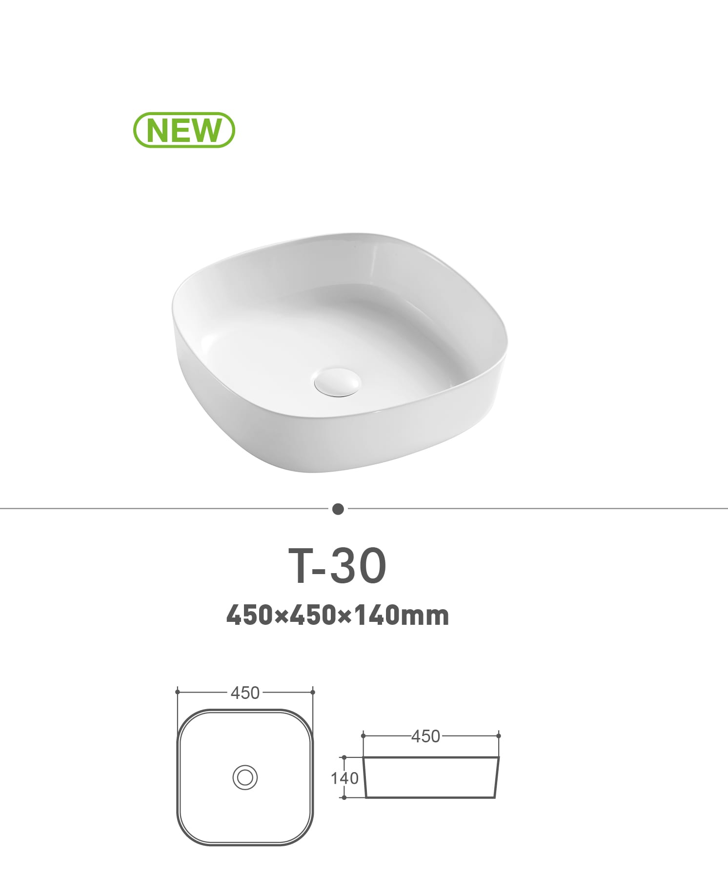 Square white sink, model T-30, dimensions 450x450x140mm.
