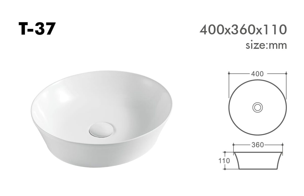 White ceramic basin T-37 with dimensions 400x360x110 mm.