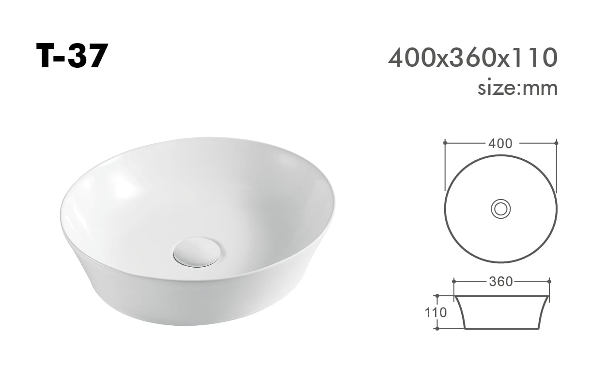 White ceramic basin T-37 with dimensions 400x360x110 mm.