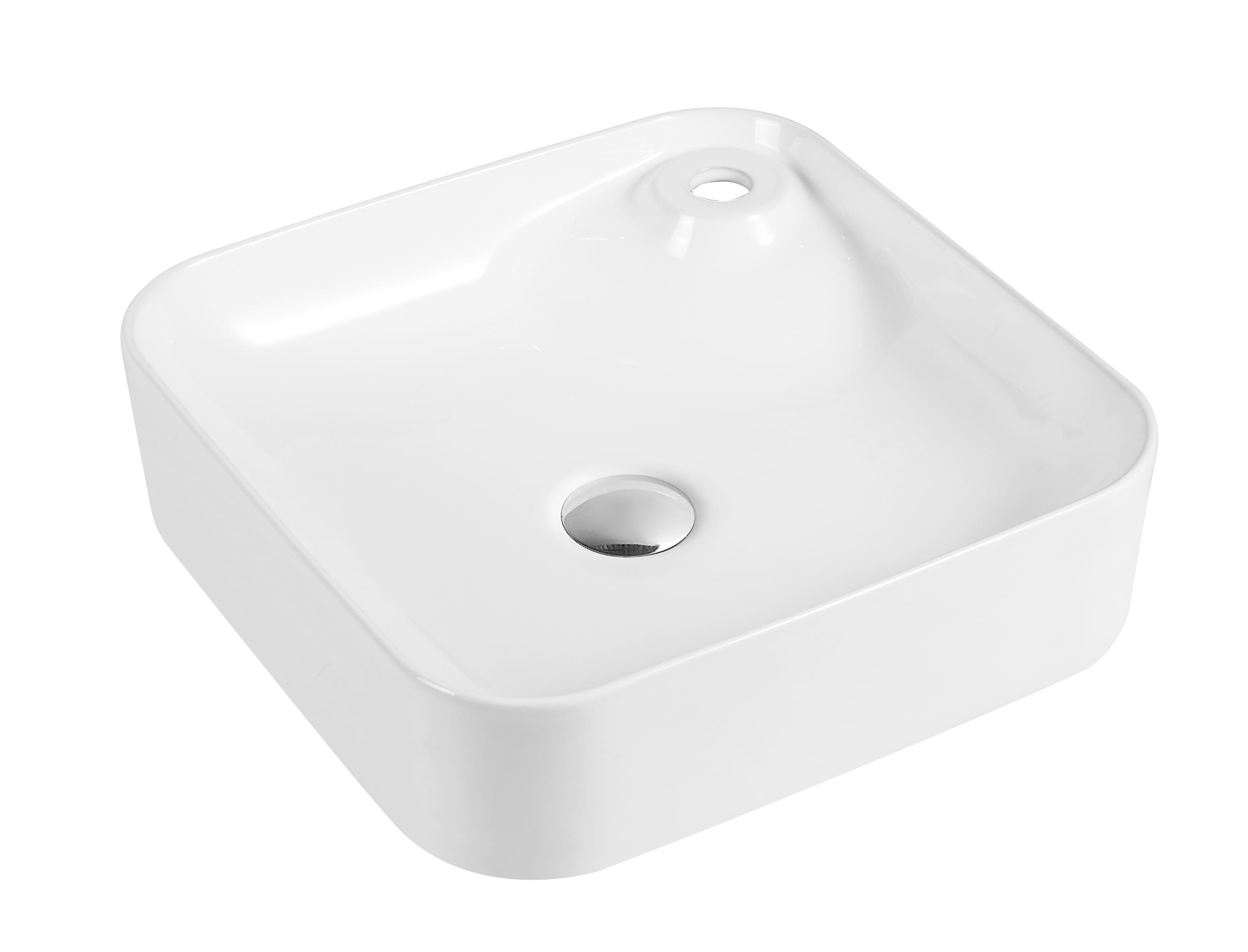 Square white ceramic bathroom sink with overflow hole.