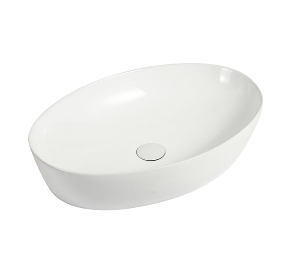 Oval white ceramic bathroom sink on white background.