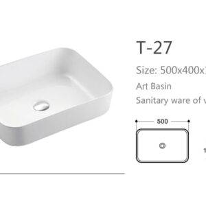 Rectangular white art basin, dimensions 500x400x135mm, with diagram.