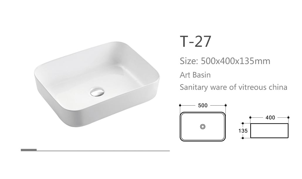 Rectangular white art basin, dimensions 500x400x135mm, with diagram.