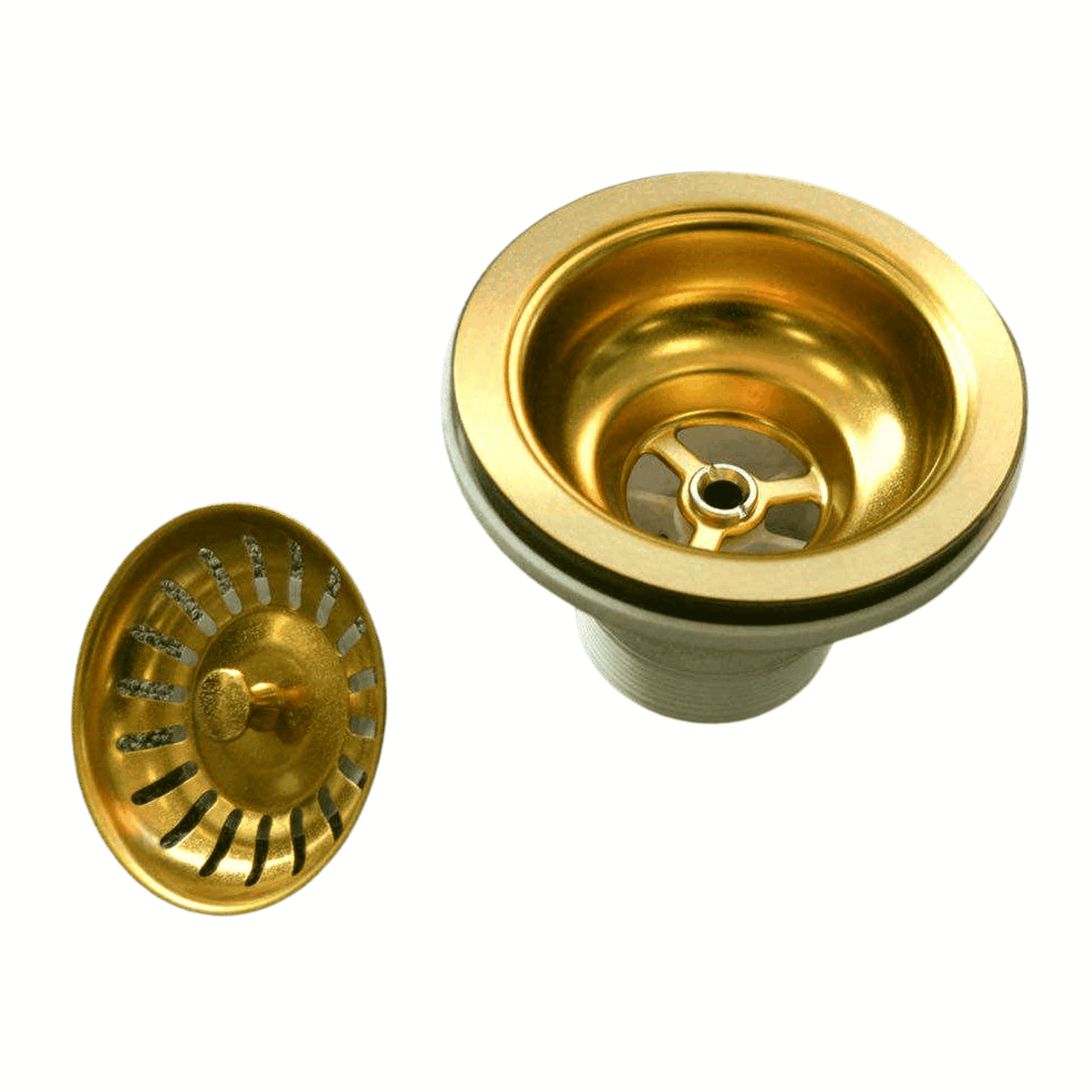 Gold kitchen sink strainer and stopper set on white background.