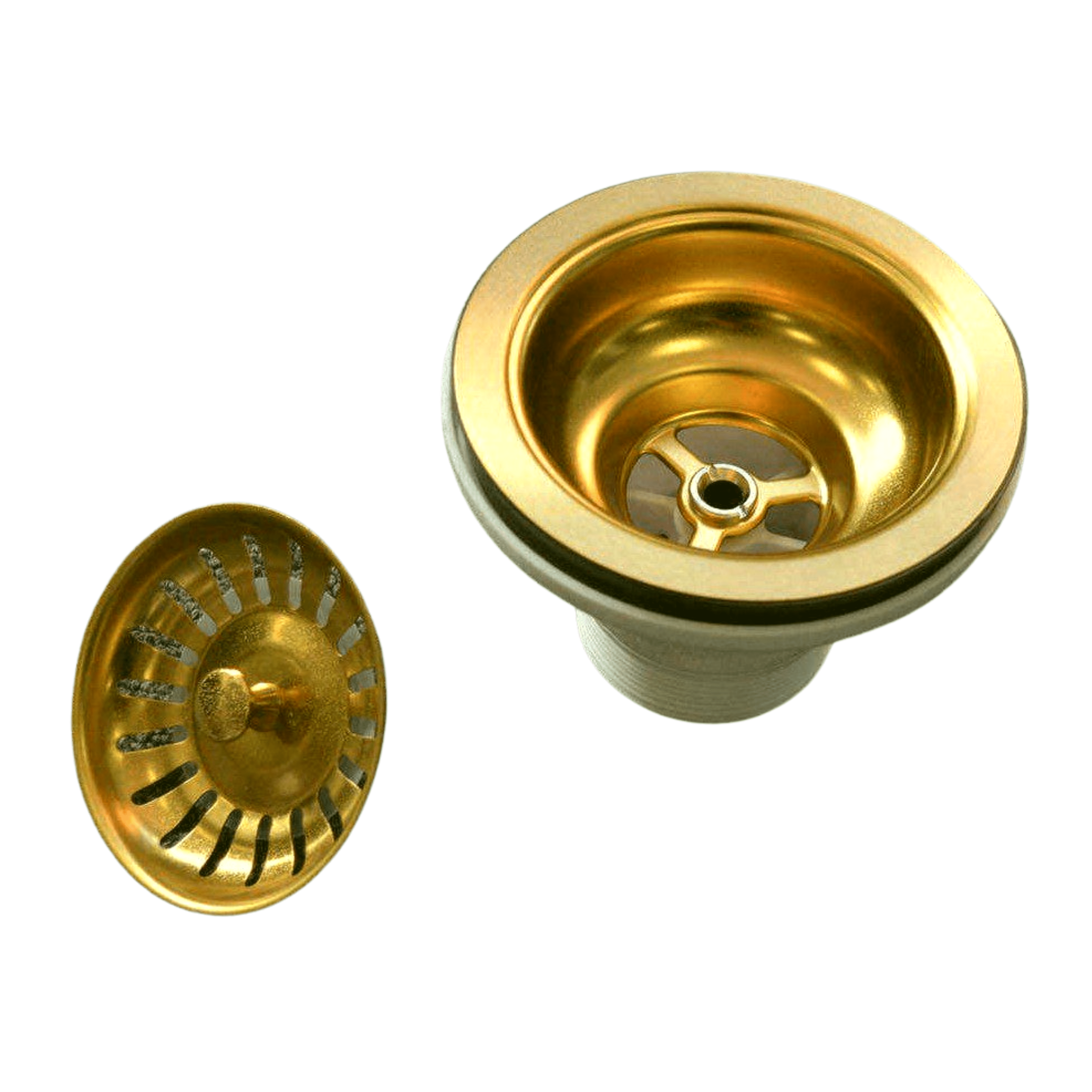 Gold kitchen sink strainer and stopper set on white background.