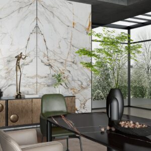 Modern living room with marble wall, green chair, and large window view.