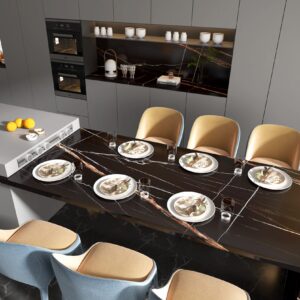 Modern kitchen with black stone island and dining table set for six.