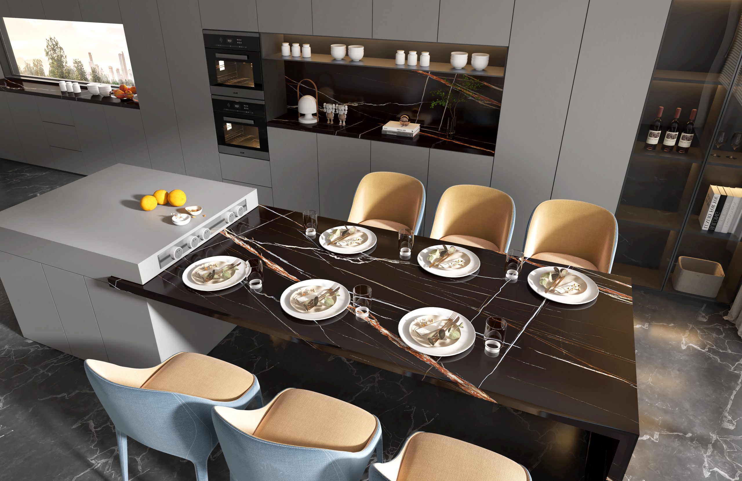 Modern kitchen with black stone island and dining table set for six.