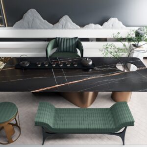 Modern black stone tea table with green seating and decorative elements.