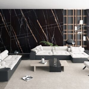 Modern living room with black marble accent wall and contemporary furniture.