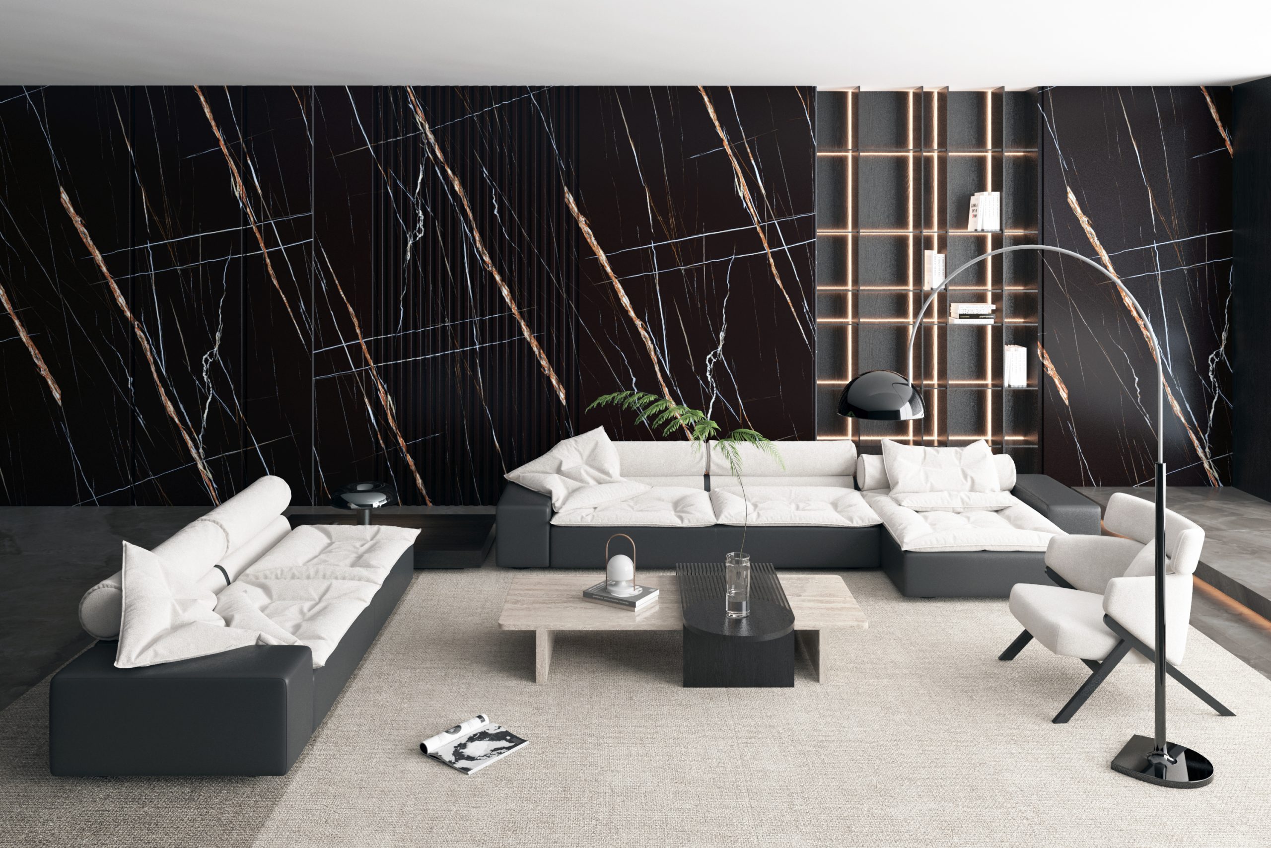 Modern living room with black marble accent wall and contemporary furniture.