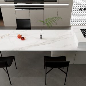 Modern kitchen with marble countertop and minimalist decor.