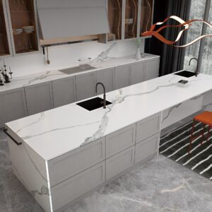 Modern kitchen with marble countertops and orange chairs.