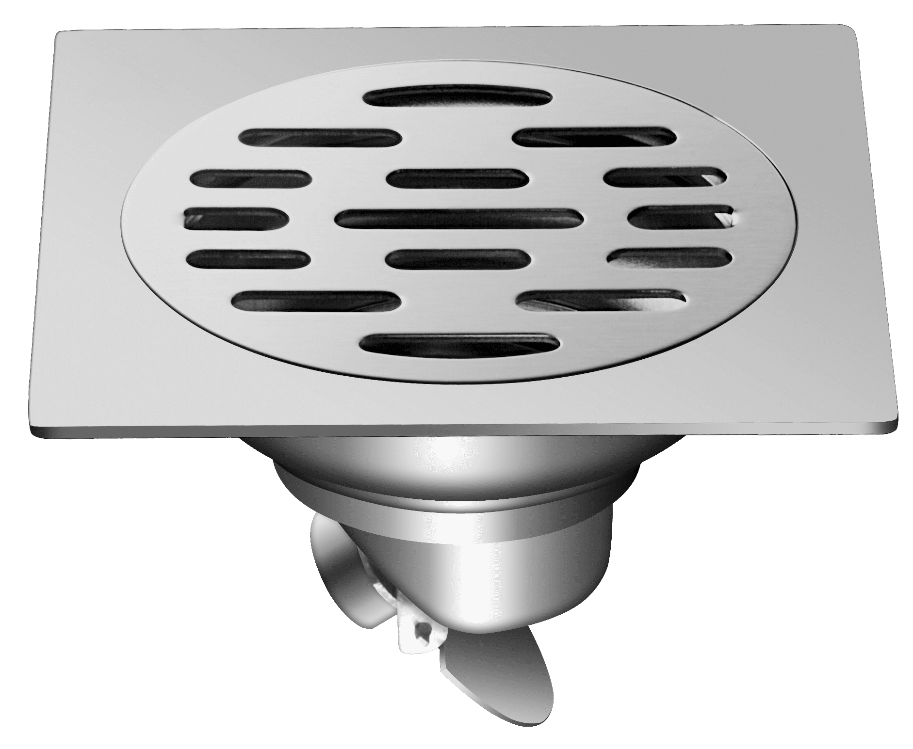 Stainless steel floor drain with slotted cover.