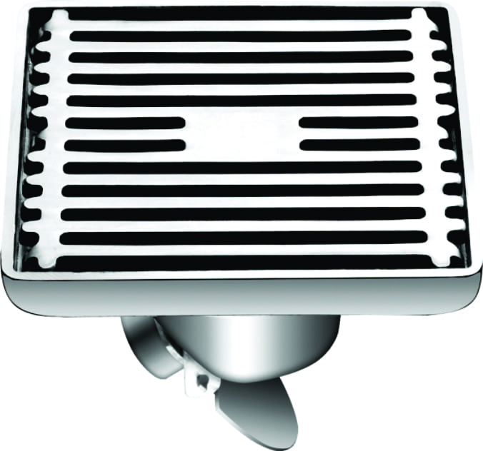 Square stainless steel floor drain with slotted cover.