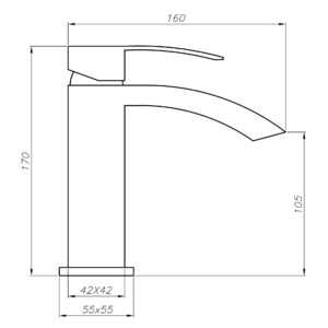 Line drawing of a modern kitchen faucet with dimensions.