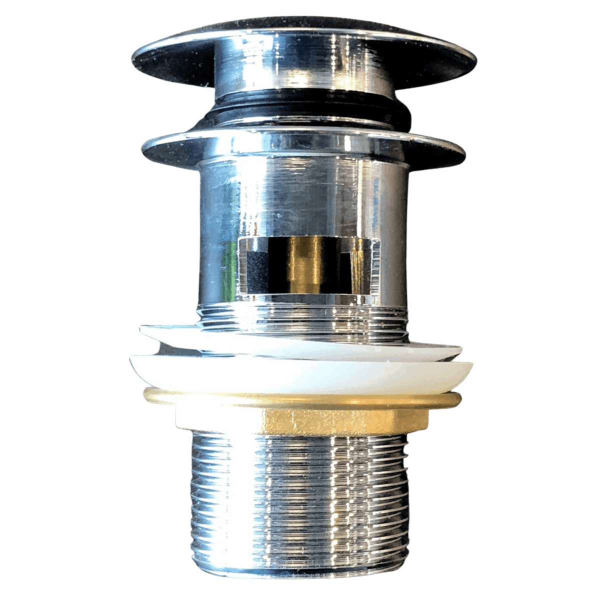 Chrome pop-up waste drain fitting for sinks.