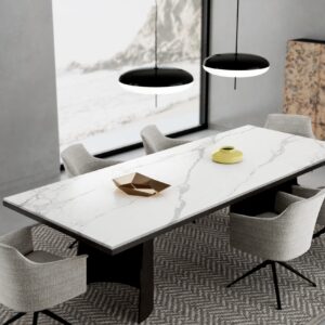 Modern dining room with marble table, gray chairs, and pendant lights.