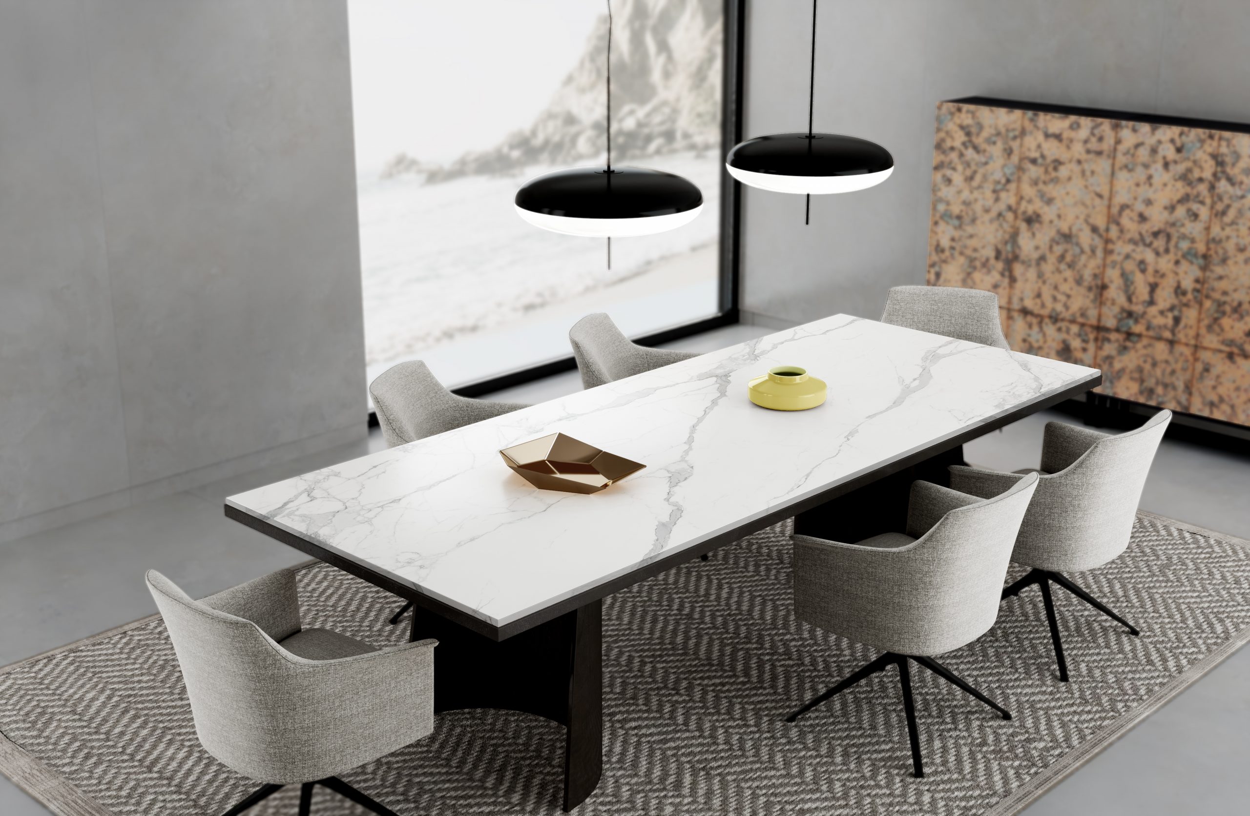 Modern dining room with marble table, gray chairs, and pendant lights.