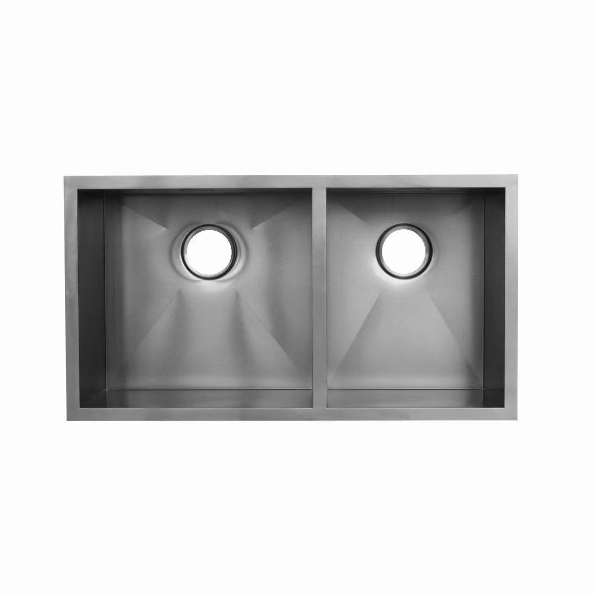 Stainless steel double kitchen sink with two basins.