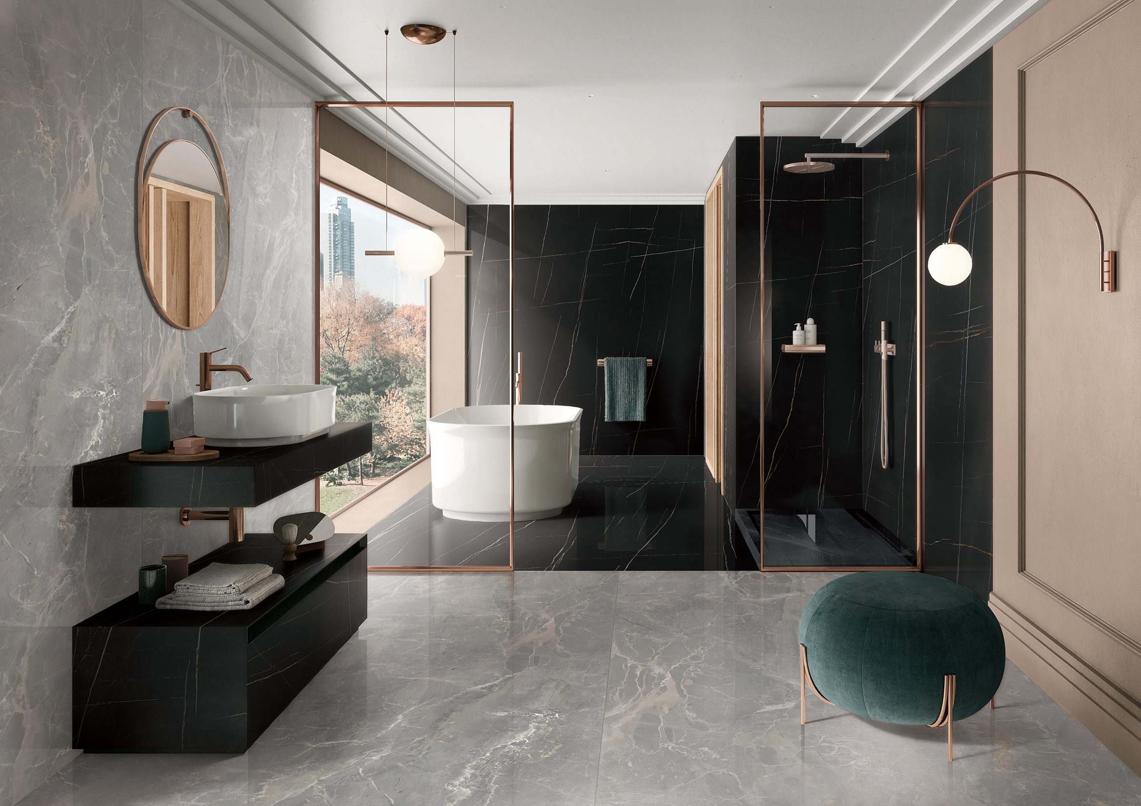 Modern bathroom with marble tiles, freestanding tub, and large window view.