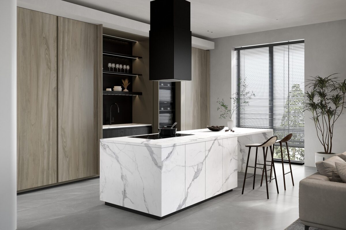 Modern kitchen with marble island, wooden cabinets, and bar stools.