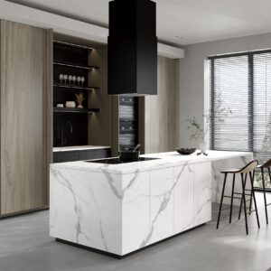 Modern kitchen with marble island, wooden cabinets, and bar stools.