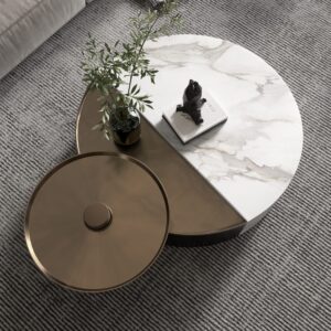 Marble and bronze round coffee table with plant and book.