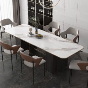 Modern dining room with marble table and six chairs.