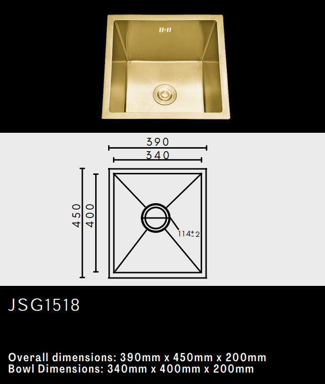 Gold kitchen sink with dimensions: 390x450mm. Model JSG1518.