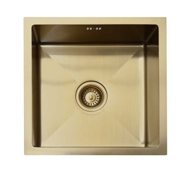Square gold kitchen sink with drain, viewed from above.