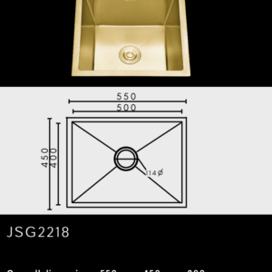 Gold kitchen sink with dimensions and model number JSG2218 displayed.