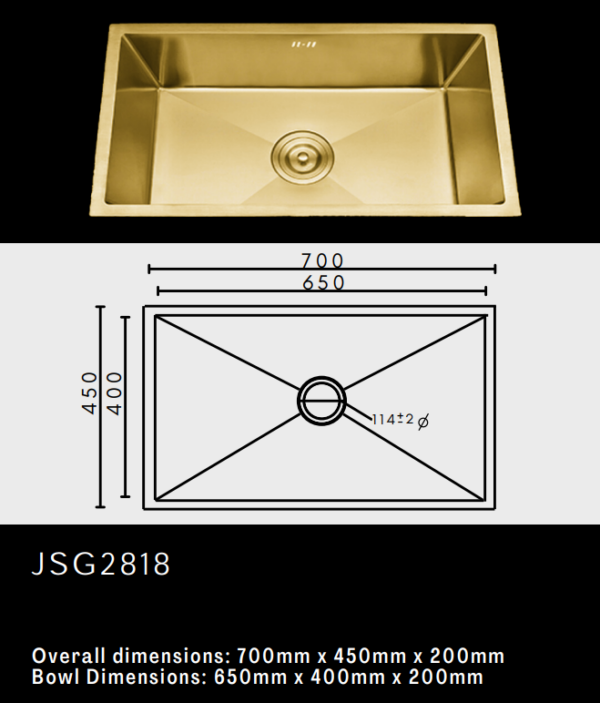 Gold kitchen sink with dimensions: 700x450x200 mm.