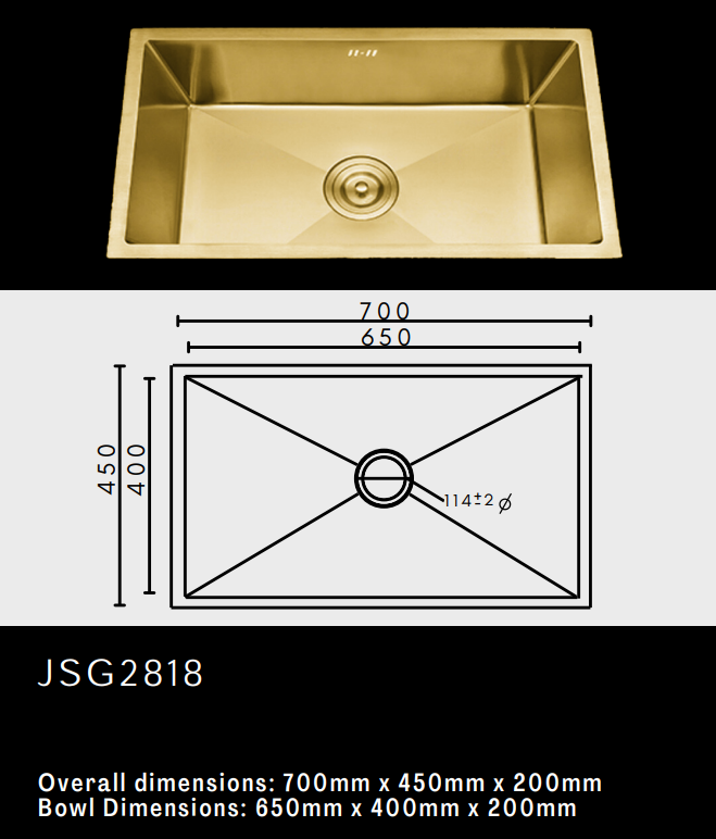 Gold kitchen sink with dimensions: 700x450x200 mm.