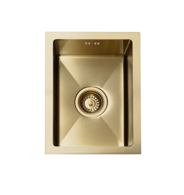 Gold kitchen sink with modern design, top view.
